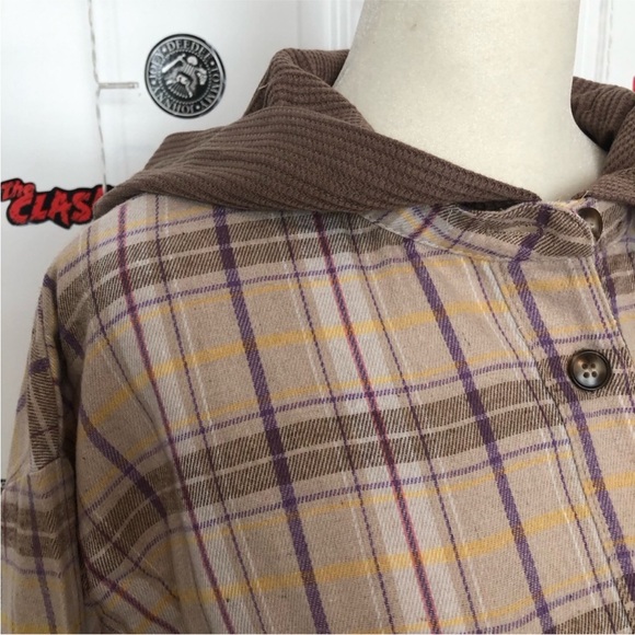 Easel Mix Plaid Button Down Oversized Thermal With Hood In Khaki. NWT! Sz S - Picture 4 of 11